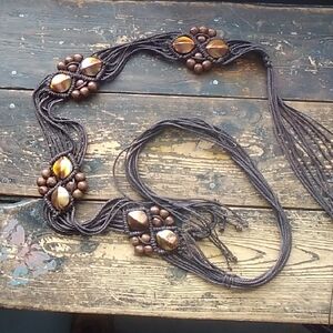 Handmade Brown Beaded Fringe Necklace - Brown